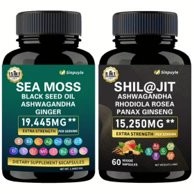 Sinpuyle | 15-in-1 Sea Moss & 8-in-1 Shilajit Ashwagandha Supplement Bundle Energy Mood Support 60 Capsules Each