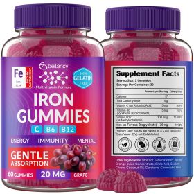 Grape Flavored Iron Gummies with B Vitamins 60 Vegan Non GMO Gluten Free (Brand: Beilancy)